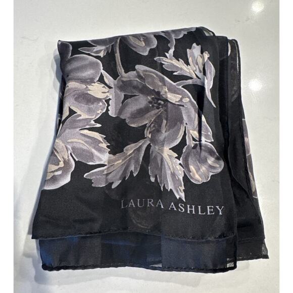 LAURA ASHLEY Rectangle Scarf Black Floral Silk Wide Sheer Stripes READ - Picture 2 of 12